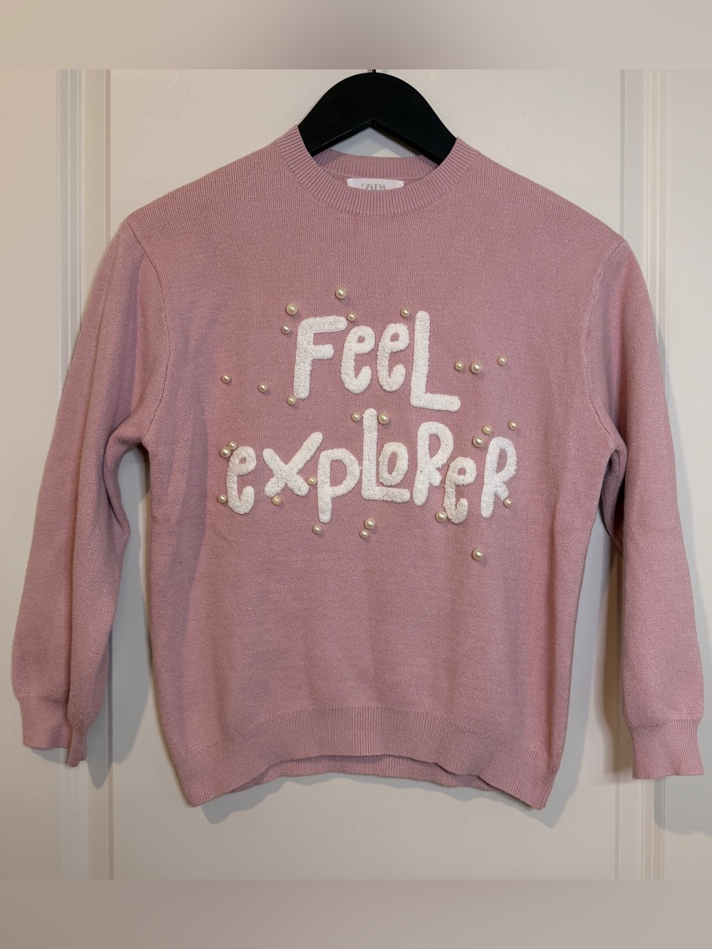 Zara Pink Crewneck Sweater Graphic Pearl with 'Feel Explorer' Embellished Script